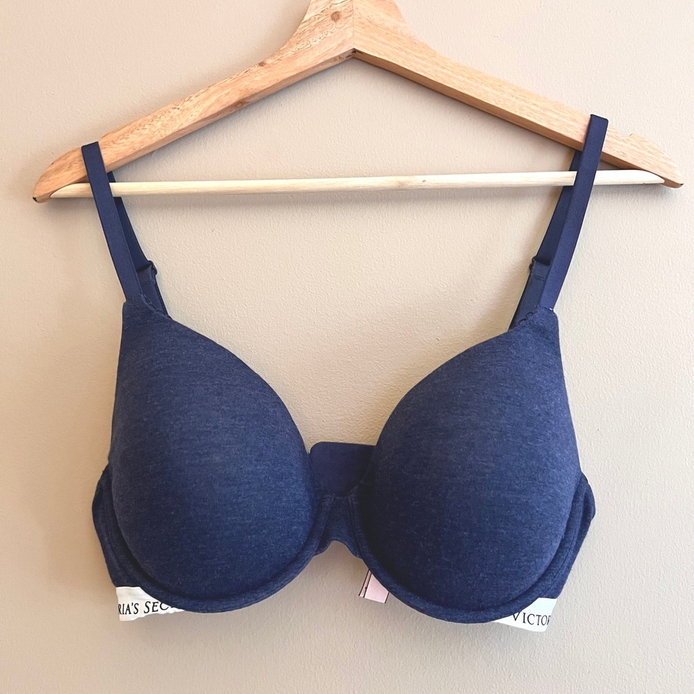 Victoria's Secret T-Shirt Lightly Lined Full Bra Navy Blue Logo Band 34D